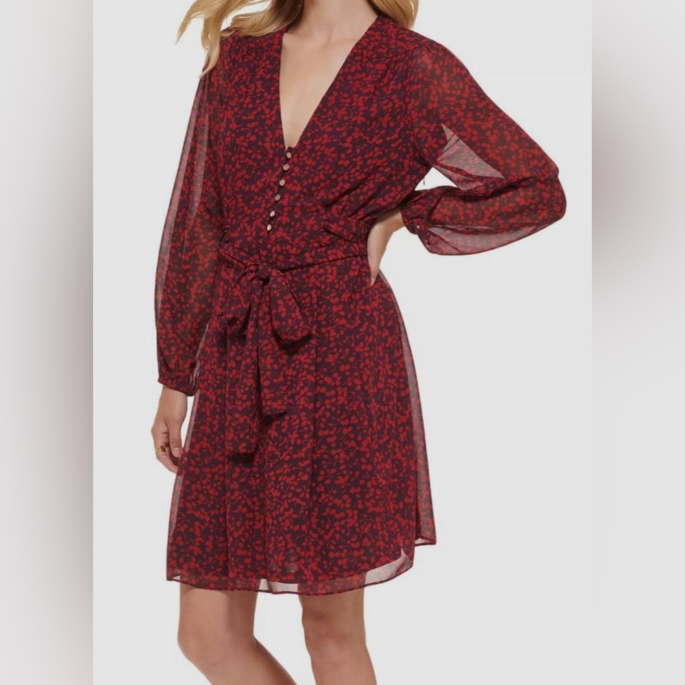 Tommy Hilfiger NWT red printed fit and flare long sleeve mini dress playful